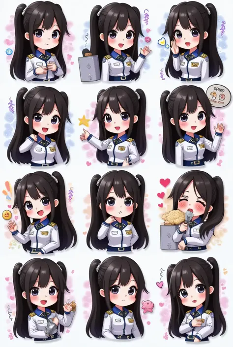 Create 9 chibi LINE sticker illustrations of the same cute anime chibi girl character, consistent appearance across all stickers, with transparent background. 
Character design: cute chibi girl, big expressive sparkling eyes, long straight black hair, smal...