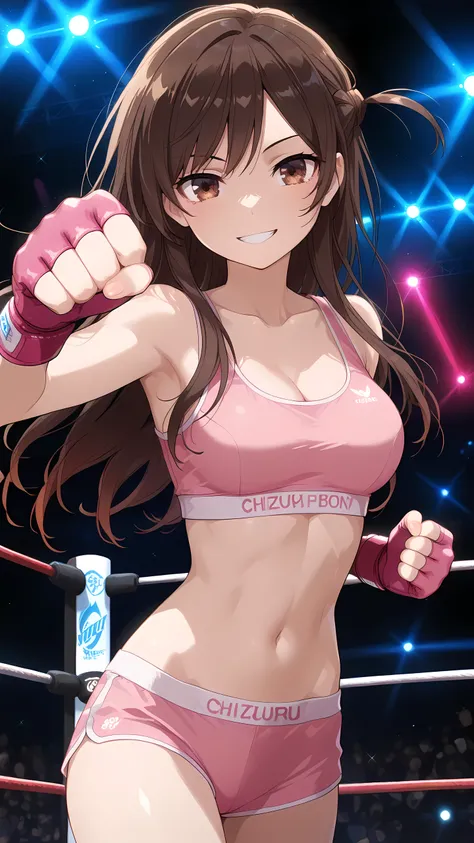 chizuru_mizuhara, long hair, bangs, brown hair, brown eyes, medium breasts, anime coloring,, solo, (pink sports bra, pink boy-leg cut sports underwear, white fingerless gloves), grin, toned slim body, slim waist, looking at viewer, extremely detailed eyes ...