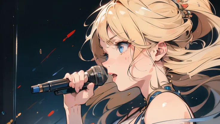 one woman、profile、 songs、Blond woman holding microphone、 Midnight 、Blond woman with blue eyes and eyes、4K high definition、Ultra Fine、Vivid Colors、Realistic、HDR、UHD、Studio Lighting、super fine painting、sharp focus、physically-based rendering、Extreme Detailed ...
