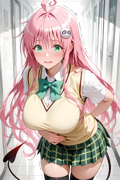 Lala Satalin Deviluke,ahoge,very long hair,pink hair,hair ornament,sidelocks,bangs,green eyes,school uniform,sweater vest,yellow vest,white shirt,collared shirt,green bowtie,short sleeves,large breasts,miniskirt,green skirt,plaid skirt,pleated skirt,demon ...