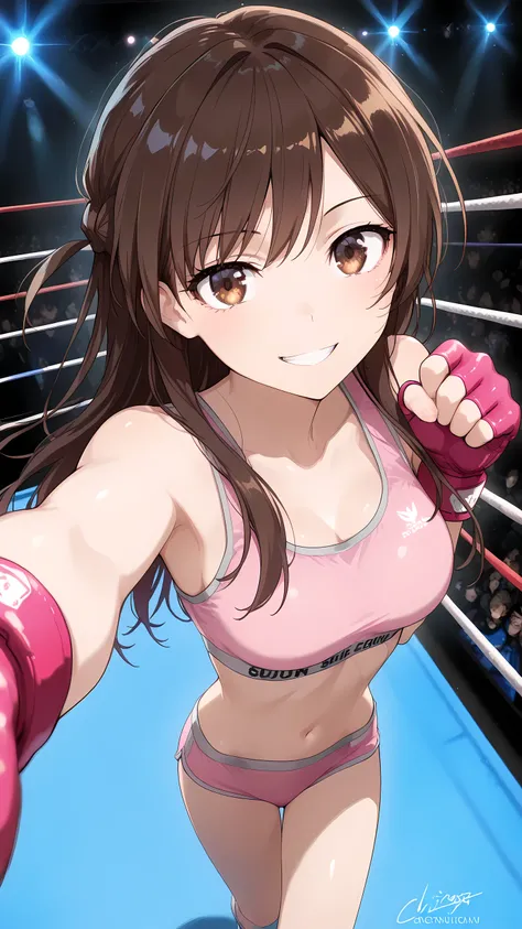 chizuru_mizuhara, long hair, bangs, brown hair, brown eyes, medium breasts, anime coloring,, solo, (pink sports bra, pink boy-leg cut sports underwear, white fingerless gloves), grin, toned slim body, slim waist, looking at viewer, extremely detailed eyes ...