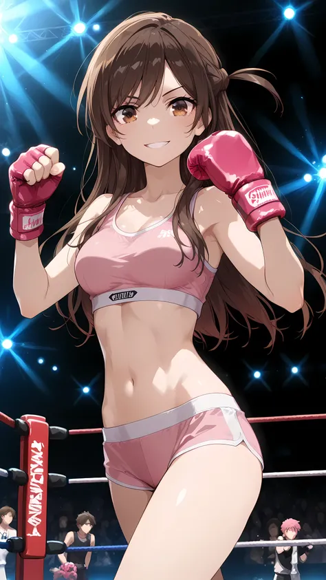 chizuru_mizuhara, long hair, bangs, brown hair, brown eyes, medium breasts, anime coloring,, solo, (pink sports bra, pink boy-leg cut sports underwear, white fingerless gloves), serious grin, toned slim body, slim waist, looking at viewer, extremely detail...