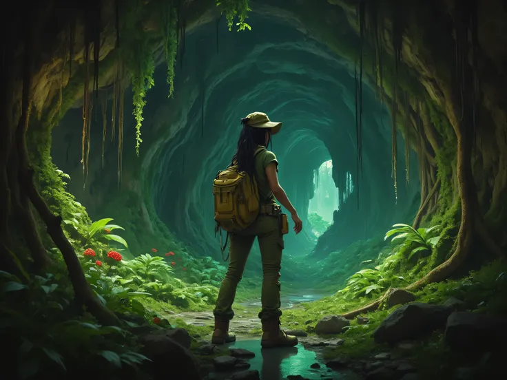 1lady , beautiful female, long tied black hair, Green explore outfit with bag pack, exploring the city of gold ruins, in the big cave room area, underground big cave, room area, full of vines glow berries, lighting from glow berries