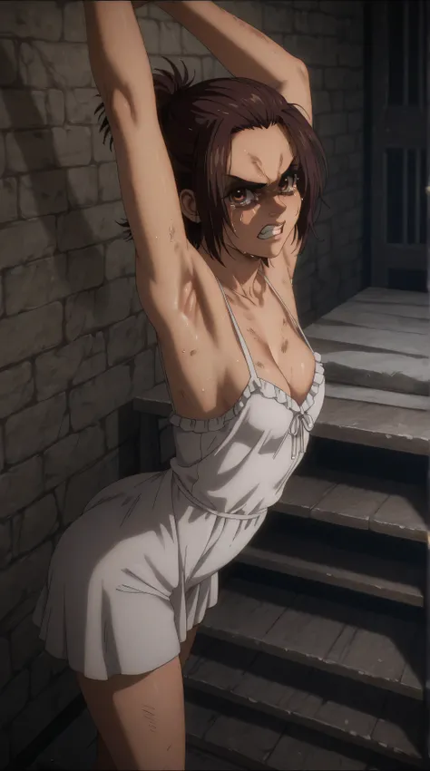 there is a young girl in a white dress captived in the prison room, upper body avatar, second life avatar, armpit, beautiful realistic upper body, sexsy pose, dirty clothe, upper body close up, sensual pose, hyperrealistic teen, desperate pose, realistic s...