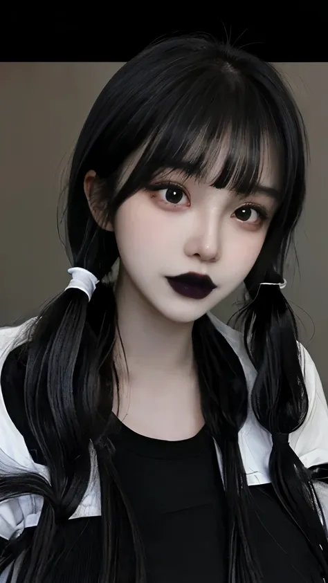1 girl, beautiful girl, huge tits, full body, long twintails hairstyle, straight hair, hair with bangs, bangs, black eyeliner, black lipstick, shiny hair,