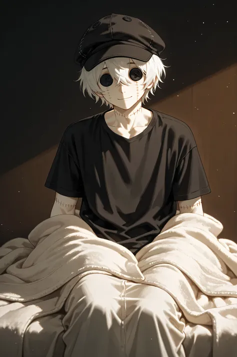 guy, guy это кукла, the doll looks like a person, gentle expression, directed to the sky, plush body, the doll is made of felt, A gentle and warm atmosphere, (white leather), stitches on the body, eyes are made of buttons, instead of button eyes, wearing a...