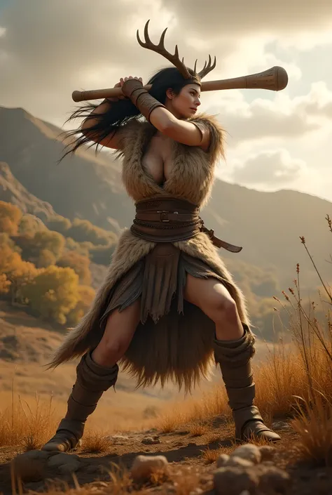 Ancient prehistoric age era, 
Dynamic battle stance, 

((Realistic cinematography ultra wide depth intense hills angle of scenery)),a female warrior is holding and swing swiftly a big wooden club weapon,((a barbarian female ancient fighter)),wearing fully ...