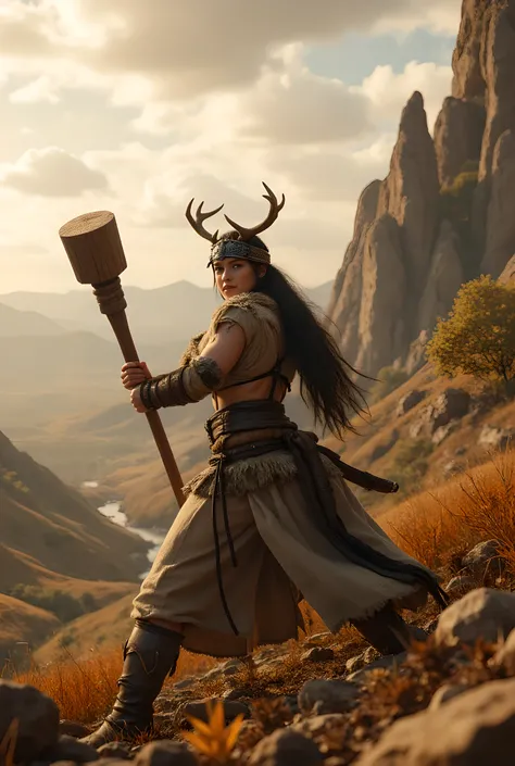 Ancient prehistoric age era, 
Dynamic battle stance, 

((Realistic cinematography ultra wide depth intense hills angle of scenery)),a female warrior is holding and swing swiftly,(a big ultra-detailed wooden bludgeon club weapon) ,((a barbarian female ancie...