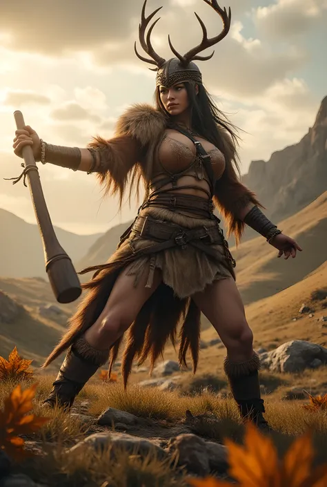 Ancient prehistoric age era,
Dynamic battle stance,
((Realistic cinematography ultra wide depth intense hills angle of scenery)),a female warrior is holding and swing swiftly,(a big ultra-detailed wooden bludgeon club weapon) ,((a barbarian female ancie...