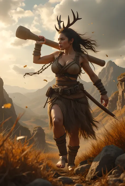 Ancient prehistoric age era, 
Dynamic battle stance, 

((Realistic cinematography ultra wide depth intense hills angle of scenery)),a female warrior is holding and swing swiftly,(a big ultra-detailed wooden bludgeon club weapon) ,((a barbarian female ancie...
