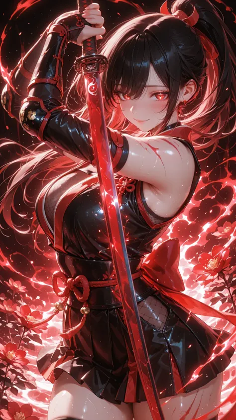 Realistic anime style girl , corpo inteiro , straight black hair tied in a ponytail , wearing a stylized ninja costume with miniskirt and red headband . She is surrounded by several red flowers , creating an intense aura . Scenario: Floresta , cinematic at...