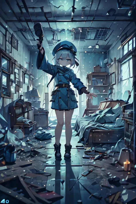 38 years old、Japanese、145 cm tall 、Babyface、round face、silver hair、semi-long、wolf cut、I'm in a room in an abandoned apartment {x} I have waves on my hair、Dark eyebrows、Small eyes、the gills are slightly stretched、My jaw line is rounded 、Glossed lips、Fair sk...