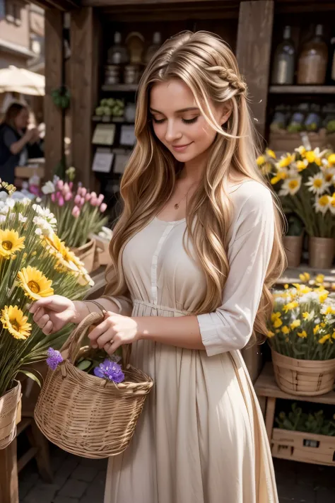A young woman with long, golden hair styled in a loose braid is buying flowers at a bustling local market. She wears a regal, Renaissance-inspired dress in soft lavender tones, subtly shimmering in natural light. Around her, vibrant flower stalls overflow ...