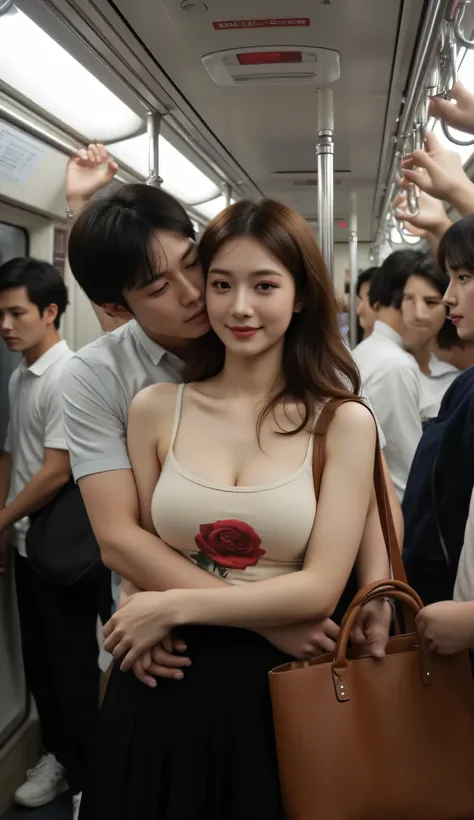 The crowded atmosphere of a Japanese subway car, passengers standing side by side simultaneously while holding the hanger handle above. Among the standing passengers, there is a beautiful Japanese woman in her 30s, dressed sensually like a model, wearing a...