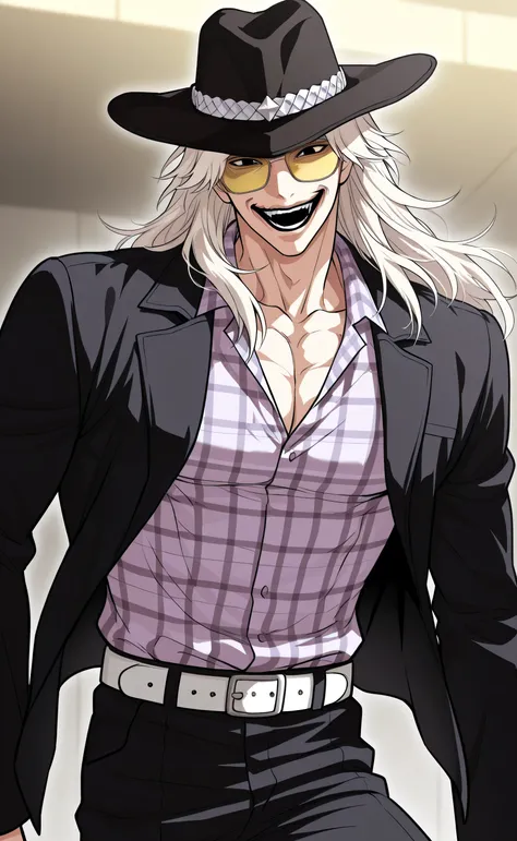 1male,solo,long hair,platinum-blond hair,black cowboy-hat,black eyes,yellow sunglasses,crazy smile, learher jacket,light purple plaid shirt,white belt,black pants,muscle,Lookism PTJ Style
