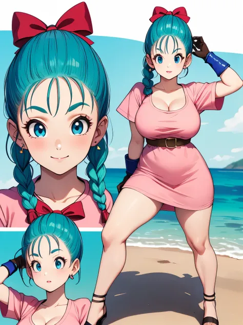 “perfect anatomy, super detailed skin, (Bulma, blue eyes, blue hair, aqua hair, single braid, braided ponytail, red ribbon, hair bow, earrings forehead:1.2), masterpiece, best quality, high definition, 8K quality, perfect face, 1 girl, beautiful face, beau...