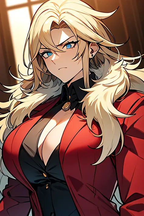 anime style, ultra detailed portrait, half body (upper knees up), large muscular older mafia woman with wild voluminous blonde hair swept back, battle scars visible on face, neck and arms, piercing cold eyes, broad shoulders, strong jawline, wearing a luxu...
