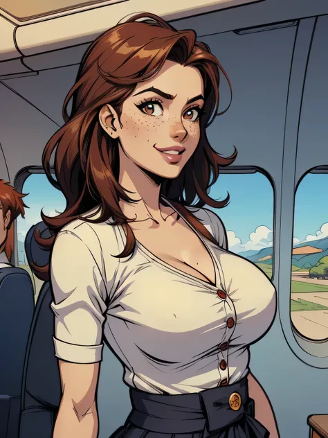 ( linhas absurdas, high definition, ultra fino,  be careful with your hand ) Close-up view of a thin and athletic woman (flight attendant), 25 anos, 16k (( high definition )), sorriso lindo, olhar sedutor (( looking at the spectator )), olhos castanhos, fl...