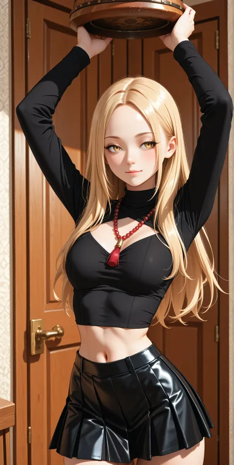 Well, yellow eyes, blond hair, split bangs, forehead, red beaded necklace, black blouse with a pronounced halter collar, long sleeve, balanced, black pleated leather microskirt. shemale, narrow waist, cuckold, beautiful