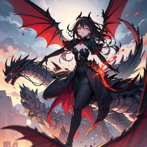 masterpiece, best quality, highly detailed, anime style, original dragonkin sorceress, glowing golden dragon iris eyes with slit pupils, sharp black horns, massive dark dragon wings spread wide, scaled tail, long dark purple hair flowing in wind, wearing e...