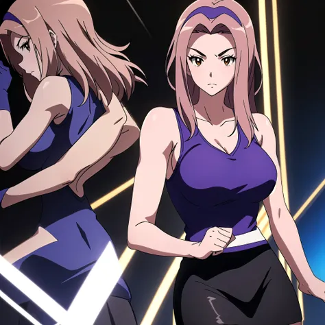 masterpiece, Best Quality, High resolution, 1woman, Close-up of a woman with long purple hair, Brown eyed woman, Alone, Classic Women, Big Breasts, A woman with very large breasts, Made by Anime Artist Studio, Boobs, clothing:Black Tank Top, collarbone, Wo...