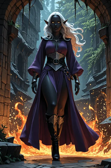 ,aidmaMJ6.1,aidmaMJ6.1,(masterpiece, detailed:1.2), a portrait of a female dark elf, black skin, white hair, long hair, wavy hair, flowing hair, sparkling fiery eyes, there are jewelry in her hair. full body shot, wearing, purple sildree, high heels boots,...