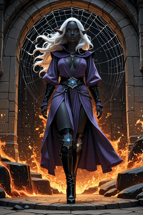,aidmaMJ6.1,aidmaMJ6.1,(masterpiece, detailed:1.2), a portrait of a female dark elf, black skin, white hair, long hair, wavy hair, flowing hair, sparkling fiery eyes, there are jewelry in her hair. full body shot, wearing, purple sildree, high heels boots,...