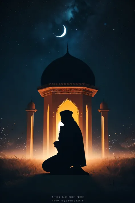 An artistic poetic illustration of a man praying in deep devotion, kneeling with hands raised under a surreal night sky. Behind him, subtle silhouettes of traditional Acehnese dayah architecture and a small mosque dome, softly illuminated by moonlight. Bac...