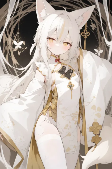 Girl,white fox ear,Fox has vertical eyes,golden eyes,white hair with a touch of blond hair inside,Clothes are only gold and white,white stockings have a plum blossom pattern,east asian clothing,has no background,
