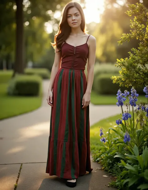 A candid yet refined photograph of a sharp young woman with warm brown hair, slightly wavy at the ends, falling freely over her shoulders. She wears an eye-catching dress with a fitted bodice in rich burgundy and black lace-up details, paired with a long, ...
