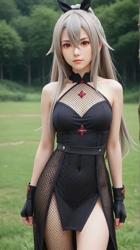 1girl, solo,eydish,red eyes,gray hair,(long hair:1.4),outdoors,potrait,medium breast,forest,front view,standing on grass field,grass field background,looking at viewer,hair between eyes,bodysuit,bare shoulders, black glove,(net dress:1.5),close up, navel, ...
