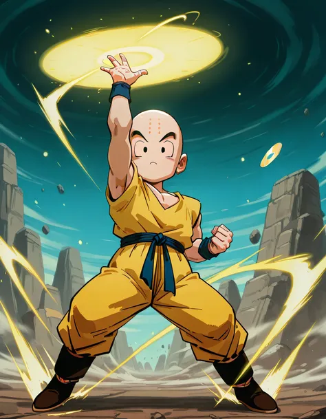 1boy,kuririn,1boy ,(arm up), legs apart,(a yellow energy disc:1.2),no sclera, black eyes,looking at viewer,smark , full body, open hand,clenched hand, bald, black eyes, no nose, no sclera, forehead mark),battle ,1980’s anime style,dynamic motion,battle sea...