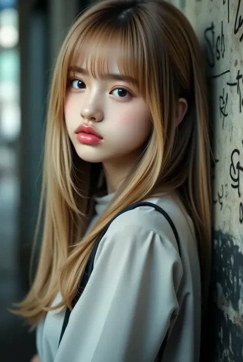 Original photo , 8k , (of the highest quality) , realistic , (Real pictures , complicated details) , (natural skin texture , detailed skins , hyperrealism , Sharpness) , (night、Japanese teenage girl standing on a dirty back street , Hands on head , doodle...