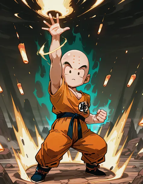 1boy,kuririn,1boy ,(arm up), legs apart,(Fires multiple diffused beams of aura energy from his hands:1.2),no sclera, black eyes,looking at viewer,smark , full body, open hand,clenched hand, bald, black eyes, no nose, no sclera, forehead mark),battle ,1980’...