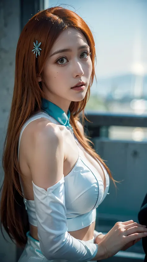 A hyper-realistic and ultra-detailed half-body portrait of Inoue Orihime from Bleach, reimagined in real life. She has long, silky orange hair cascading over her shoulders with natural highlights, soft brown eyes filled with warmth and determination, and s...