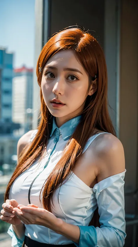 A hyper-realistic and ultra-detailed half-body portrait of Inoue Orihime from Bleach, reimagined in real life. She has long, silky orange hair cascading over her shoulders with natural highlights, soft brown eyes filled with warmth and determination, and s...