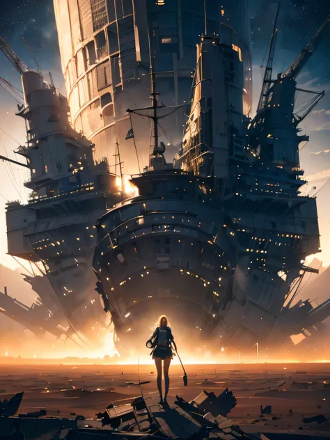 close-up of a woman in a space suit, standing in front of a destroyed ship, "  full length style,  concept art ,  1girl, dressed in a spacesuit,  Short skirt ,  The award-winning masterpiece , made in anime style with an oil painting effect . (Vivid illust...