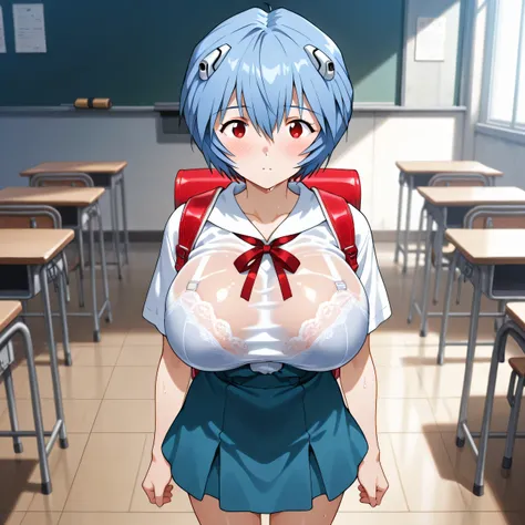 masterpiece,Highest Quality,great quality,one girl、big-breasted kids、infant figure、Short Height、small、Slender legs、Short legs、5 heads、young Ayanami Rei, blue hair, short hair, Detailed Eyes、red eyes, skirt, shirt, ribbon, School Uniform, white shirt, short...