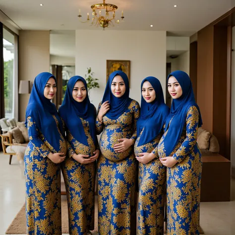 Professional photography group consisting of  (6) Indonesian pregnant hijab women , who wears matching clothes with matching blue and yellow batik patterns, Posing in a very luxurious living room with a completely transparent interior design adds beauty to...