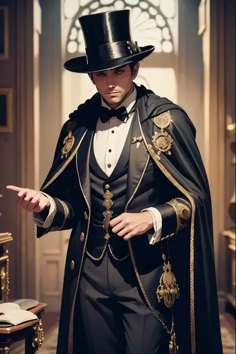 gentleman thief, man in top-hat and cloak, gracefully stealing precious treasures, intricate details of face and clothing, elegant posture and mischievous expression, 5K, ultra-detailed, photorealistic, dramatic lighting, opulent palace interior, ornate an...