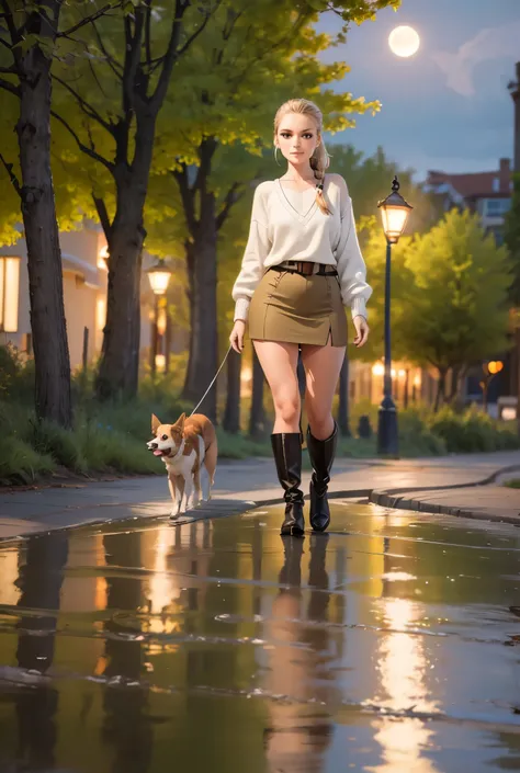 (((Full body photoshoot: 1.9))), a female, european, walking her dog in an urban park. A young woman with long blonde hair pulled back in two high ponytails, with flowing locks falling over her shoulders, strolls through an urban park at night. She wears a...