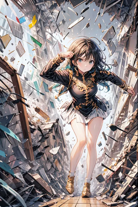 ((from above:1.2)),Overlooking、I can see my whole body,Super Powers Homeless、Psychic Standing Inside the Collapsed Building、stunned expression、Strenuous Posture、Destroyed environment、Dark and Desolate Atmosphere、4K ultra-high definition photo、REALISTIC TEX...