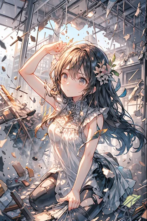 ((from above:1.2)),Overlooking、I can see my whole body,Super Powers Homeless、Psychic Standing Inside the Collapsed Building、stunned expression、Strenuous Posture、Destroyed environment、Dark and Desolate Atmosphere、4K ultra-high definition photo、REALISTIC TEX...