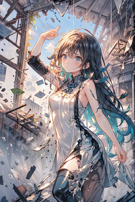 ((from above:1.2)),Overlooking、I can see my whole body,Super Powers Homeless、Psychic Standing Inside the Collapsed Building、stunned expression、Strenuous Posture、Destroyed environment、Dark and Desolate Atmosphere、4K ultra-high definition photo、REALISTIC TEX...