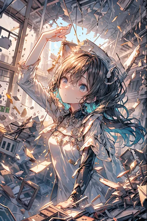 ((from above:1.2)),Overlooking、I can see my whole body,Super Powers Homeless、Psychic Standing Inside the Collapsed Building、stunned expression、Strenuous Posture、Destroyed environment、Dark and Desolate Atmosphere、4K ultra-high definition photo、REALISTIC TEX...