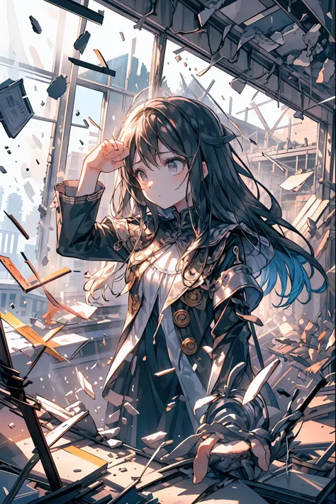 ((from above:1.2)),Overlooking、I can see my whole body，Super Powers Homeless、Psychic Standing Inside the Collapsed Building、stunned expression、Strenuous Posture、Destroyed environment、Dark and Desolate Atmosphere、4K ultra-high definition photo、REALISTIC TEX...