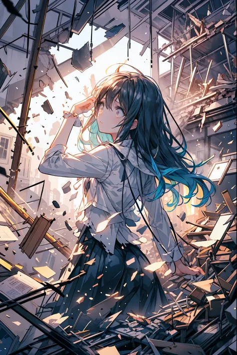 ((from above:1.2)),Overlooking、I can see my whole body，Super Powers Homeless、Psychic Standing Inside the Collapsed Building、stunned expression、Strenuous Posture、Destroyed environment、Dark and Desolate Atmosphere、4K ultra-high definition photo、REALISTIC TEX...