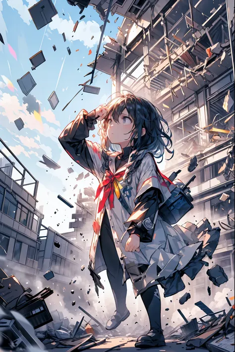 ((from above:1.2)),Overlooking、I can see my whole body，Super Powers Homeless、Psychic Standing Inside the Collapsed Building、stunned expression、Strenuous Posture、Destroyed environment、Dark and Desolate Atmosphere、4K ultra-high definition photo、REALISTIC TEX...