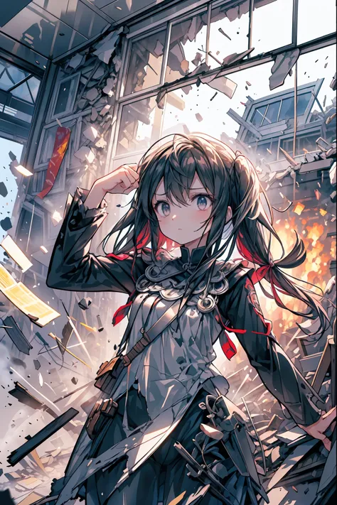 ((from above:1.2)),Overlooking、I can see my whole body，Super Powers Homeless、Psychic Standing Inside the Collapsed Building、stunned expression、Strenuous Posture、Destroyed environment、Dark and Desolate Atmosphere、4K ultra-high definition photo、REALISTIC TEX...