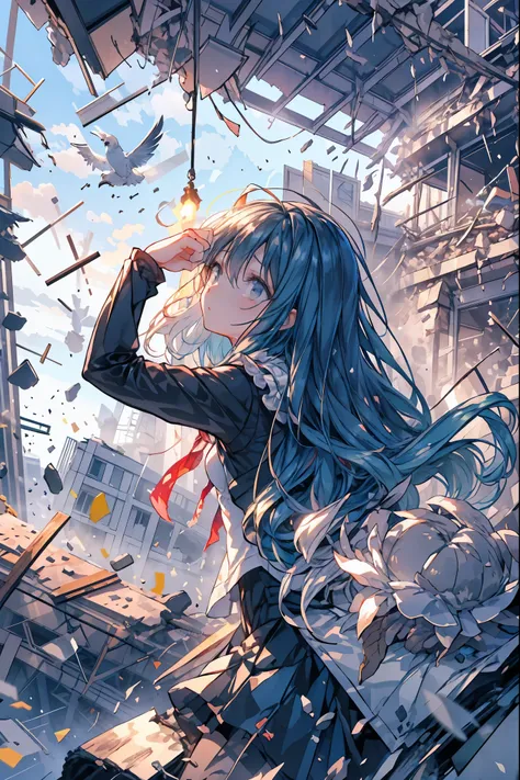 ((from above:1.2)),Quite a bird's-eye view、I can see my whole body，Super Powers Homeless、Psychic Standing Inside the Collapsed Building、stunned expression、Strenuous Posture、Destroyed environment、Dark and Desolate Atmosphere、4K ultra-high definition photo、R...